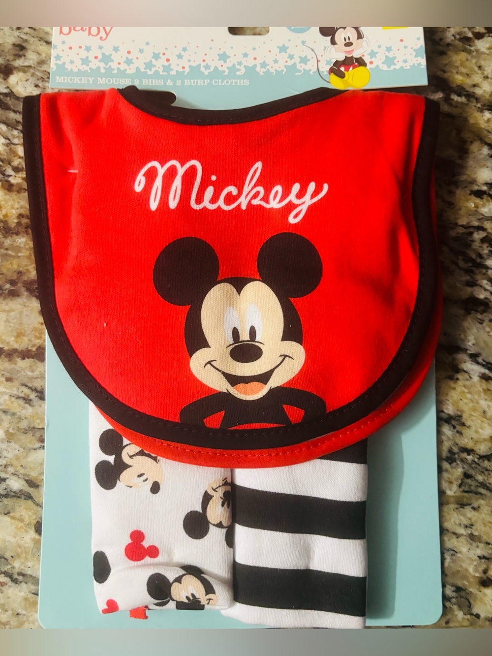 Mickey Mouse Four (4) Piece Set 2 Baby Bib & 2  Burp Cloth Set